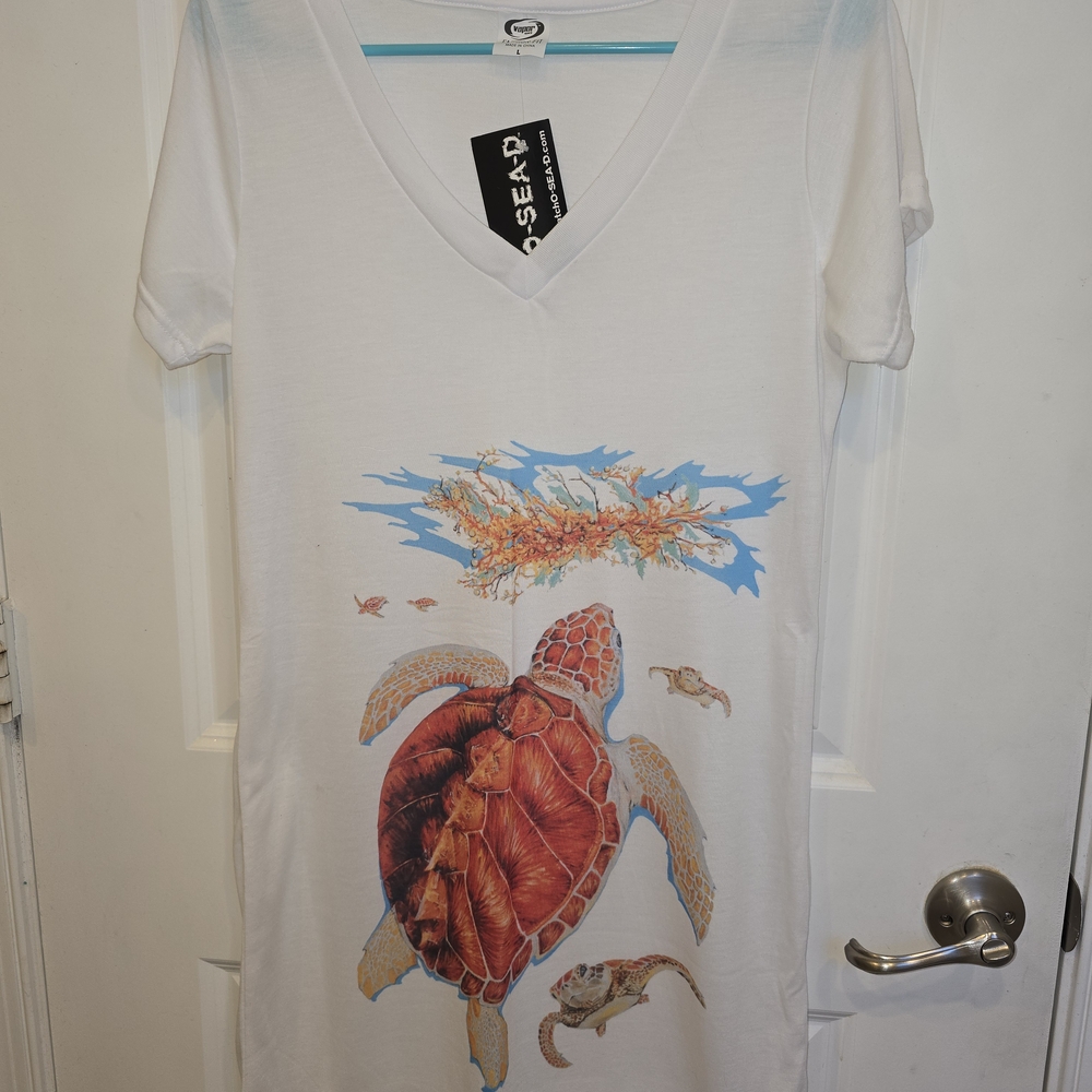 White V-Neck Dress with Sea Turtle Print